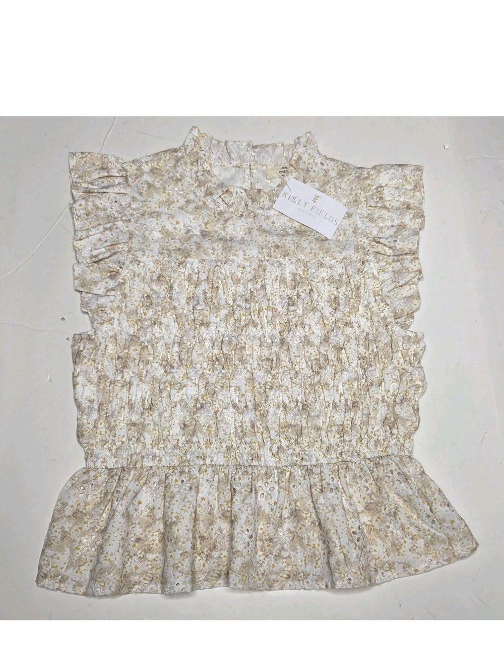 Entro NWT Smocked Peplum Eyelet Ruffle Blouse Large Floral Cottage Prairie